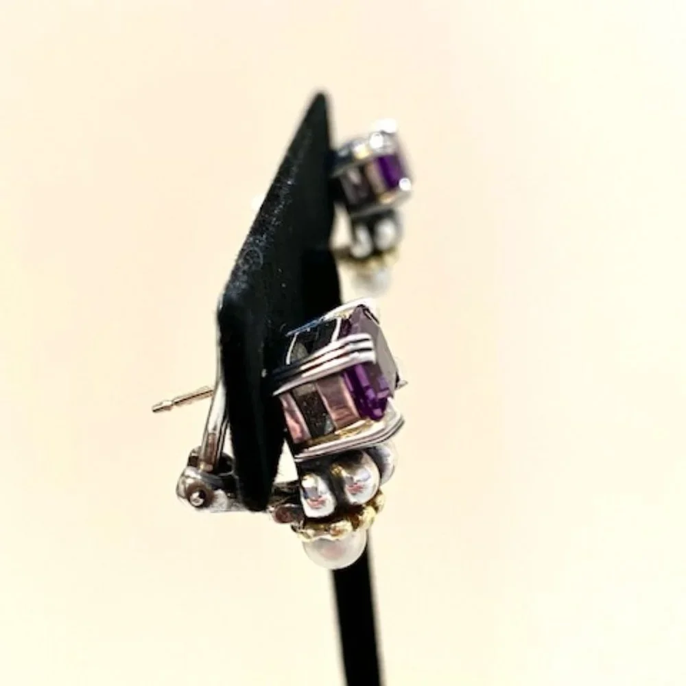 Lagos Caviar Amethyst & Pearl in 18k Yellow Gold & Sterling Silver Earrings - Picture 2 of 10